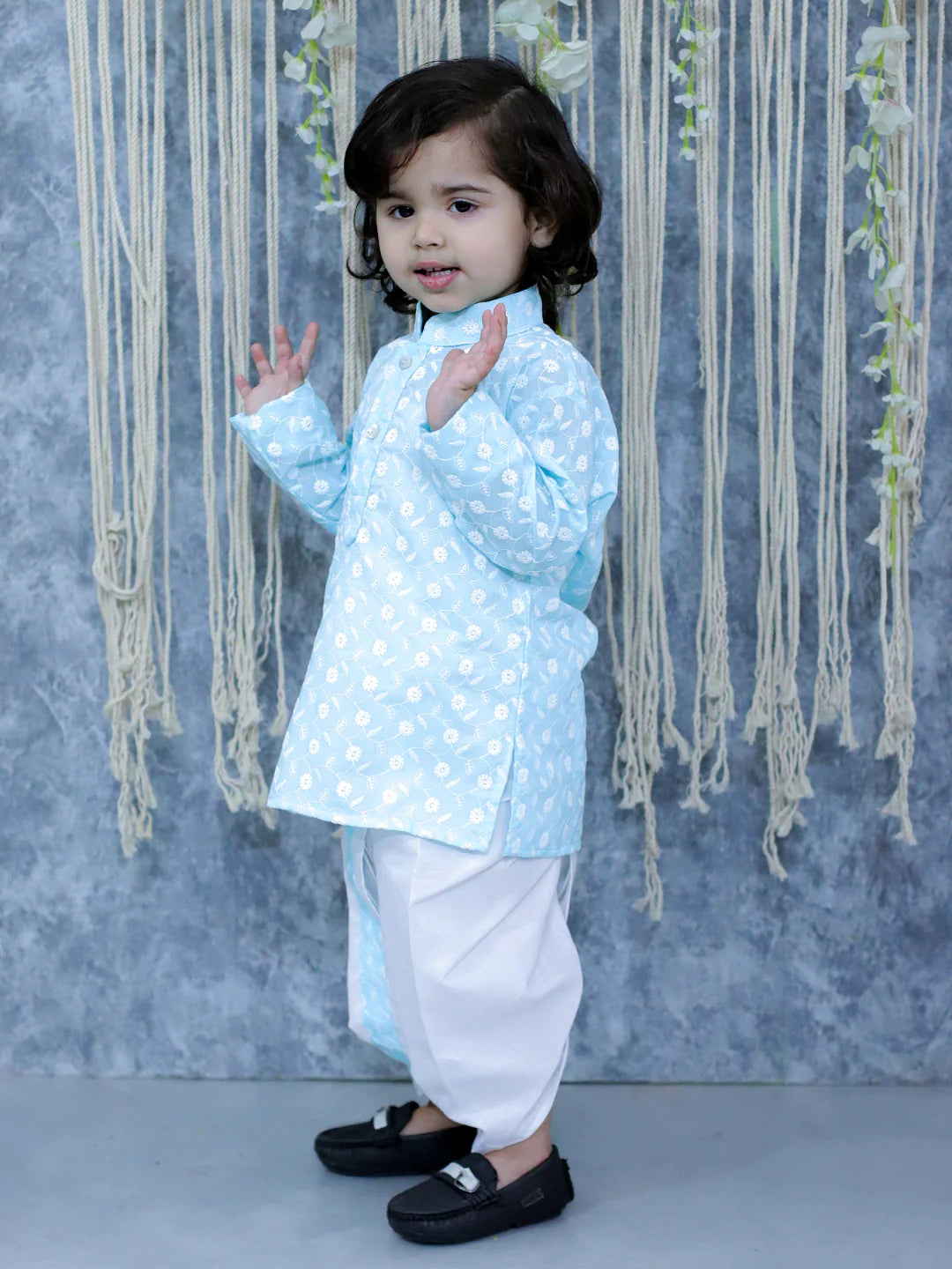 BownBee Chikan Cotton Full Sleeve Kurta with Dhoti for Boys