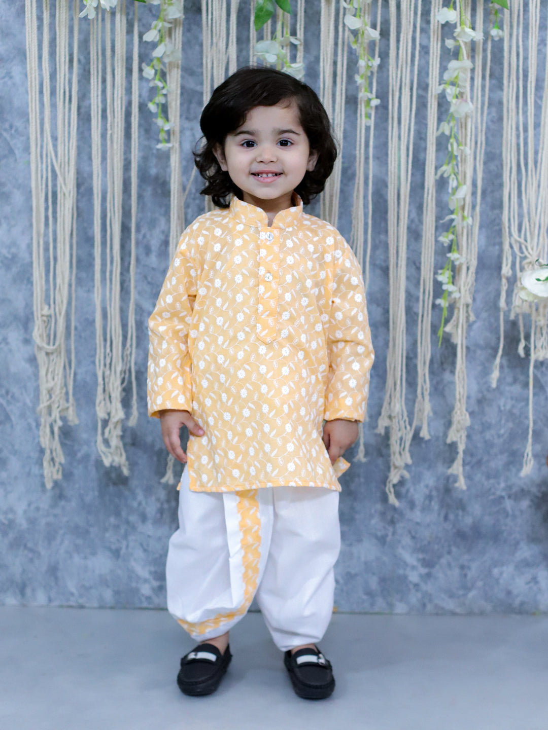 BownBee Chikan Cotton Full Sleeve Kurta with Dhoti for Boys - Orange