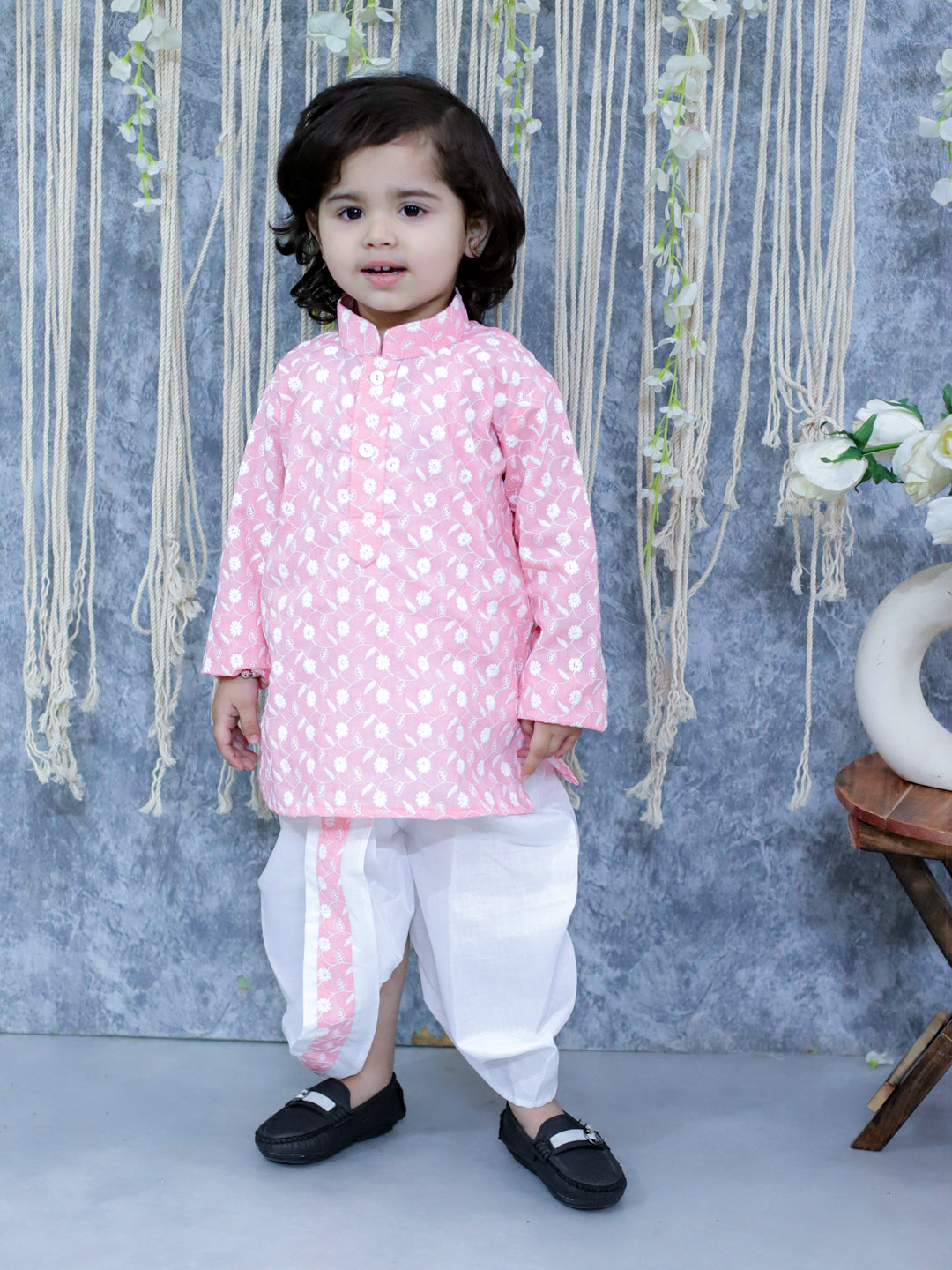 BownBee Chikan Cotton Full Sleeve Kurta with Dhoti for Boys - Pink