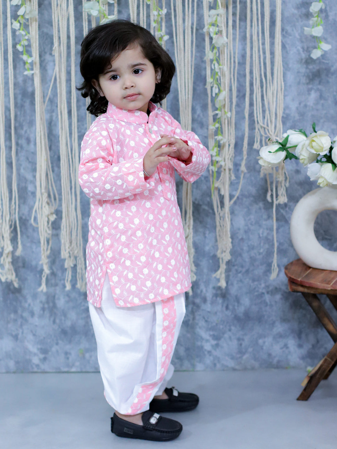 BownBee Chikan Cotton Full Sleeve Kurta with Dhoti for Boys - Pink