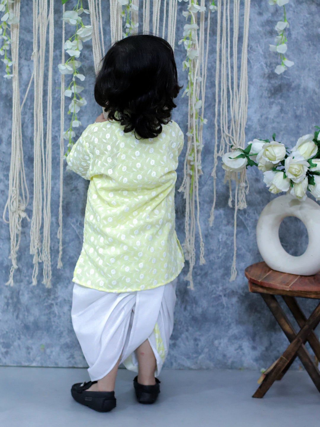 BownBee Chikan Cotton Full Sleeve Kurta with Dhoti for Boys- Yellow