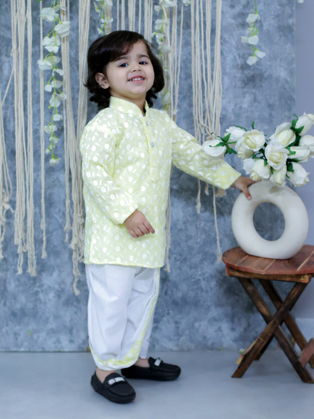 BownBee Chikan Cotton Full Sleeve Kurta with Dhoti for Boys- Yellow