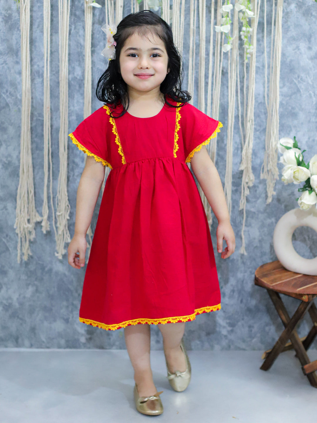 BownBee Pure Cotton Panelled Summer Frock for Girls- Red