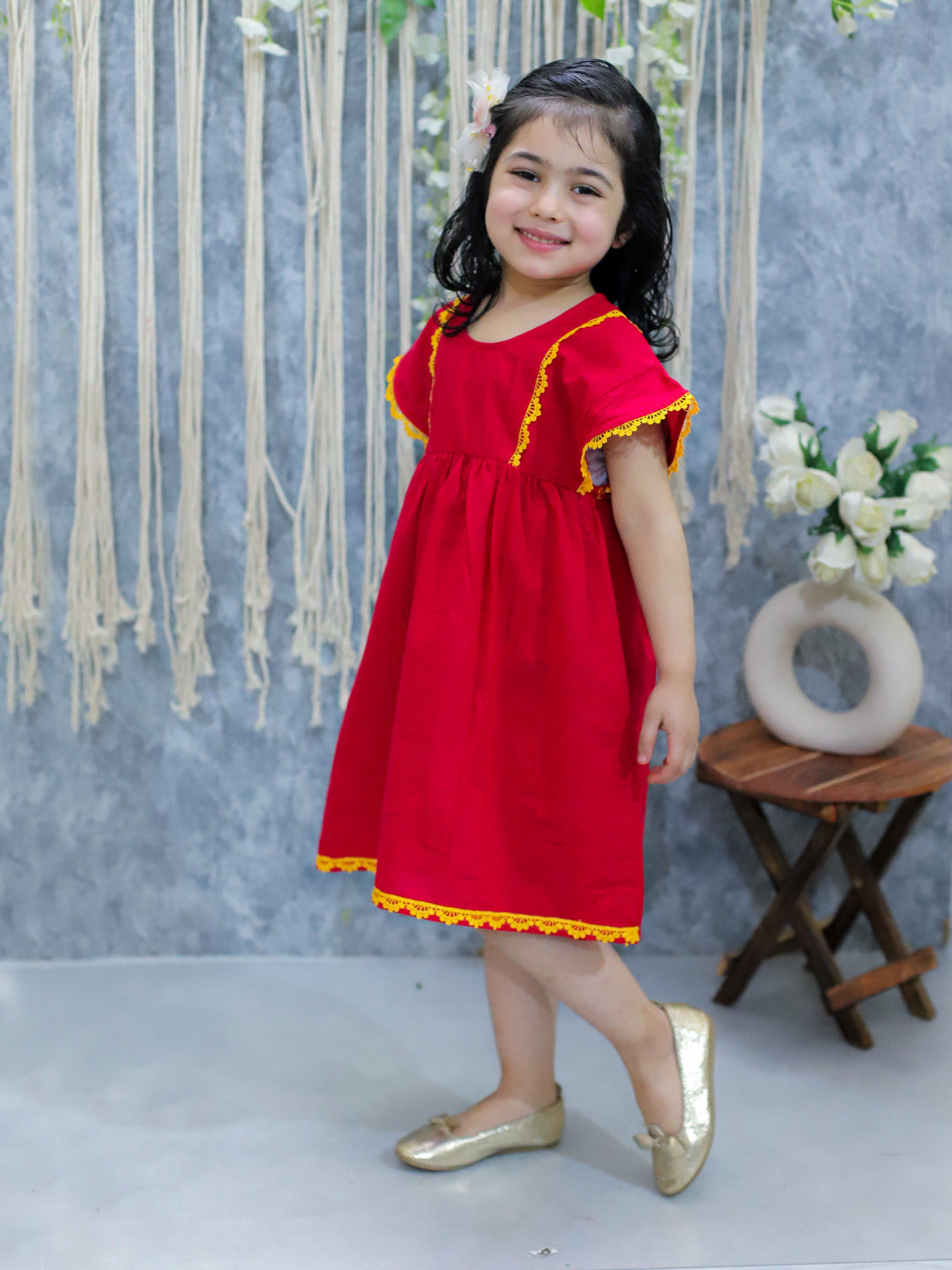BownBee Pure Cotton Panelled Summer Frock for Girls- Red