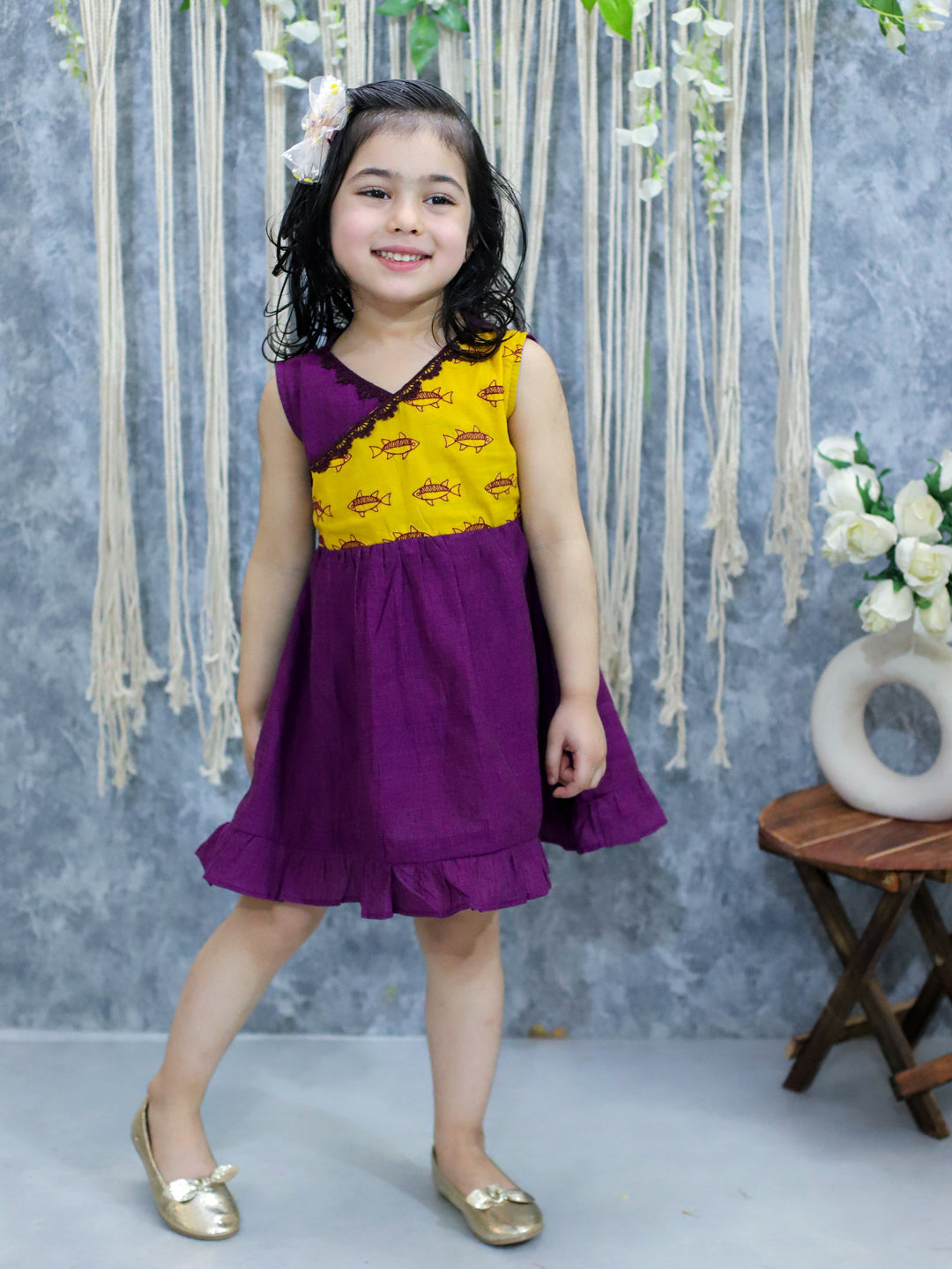 BownBee Pure Cotton Embroidered Summer Frock for Girls- Purple