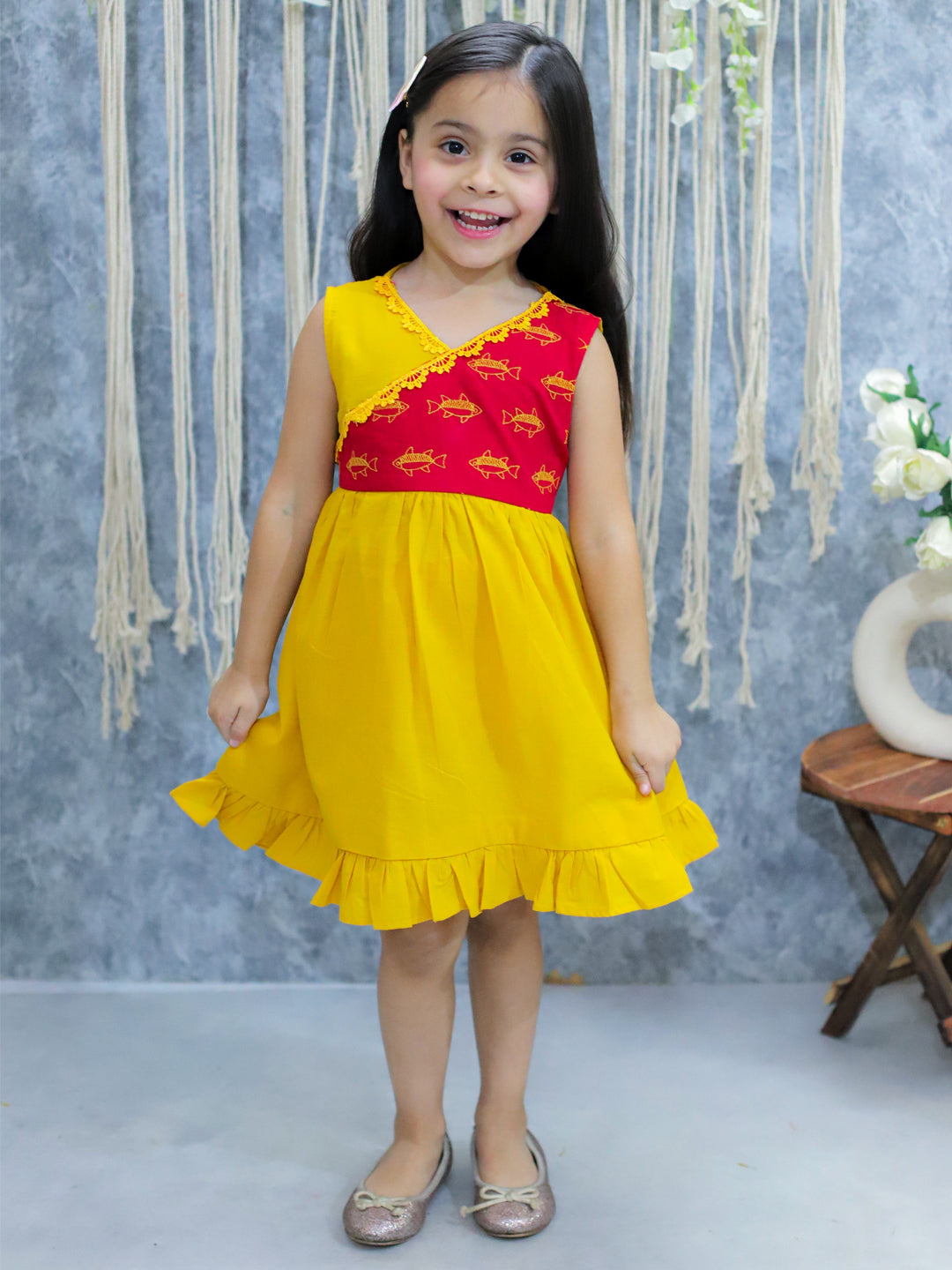 BownBee Pure Cotton Embroidered Summer Frock for Girls- Yellow