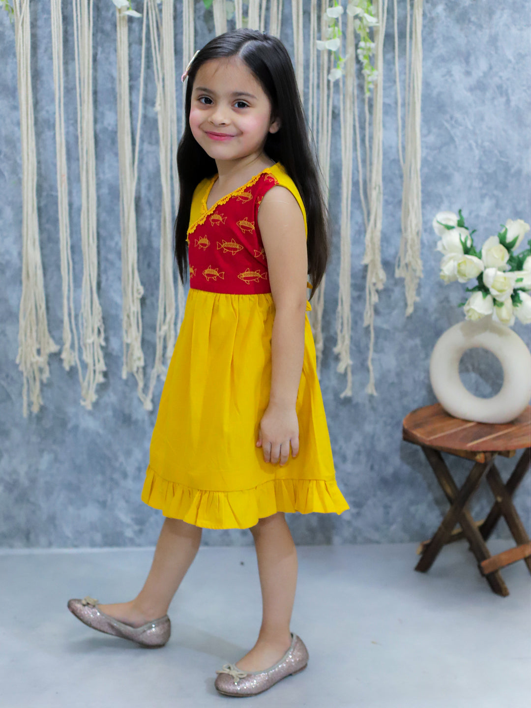 BownBee Pure Cotton Embroidered Summer Frock for Girls- Yellow