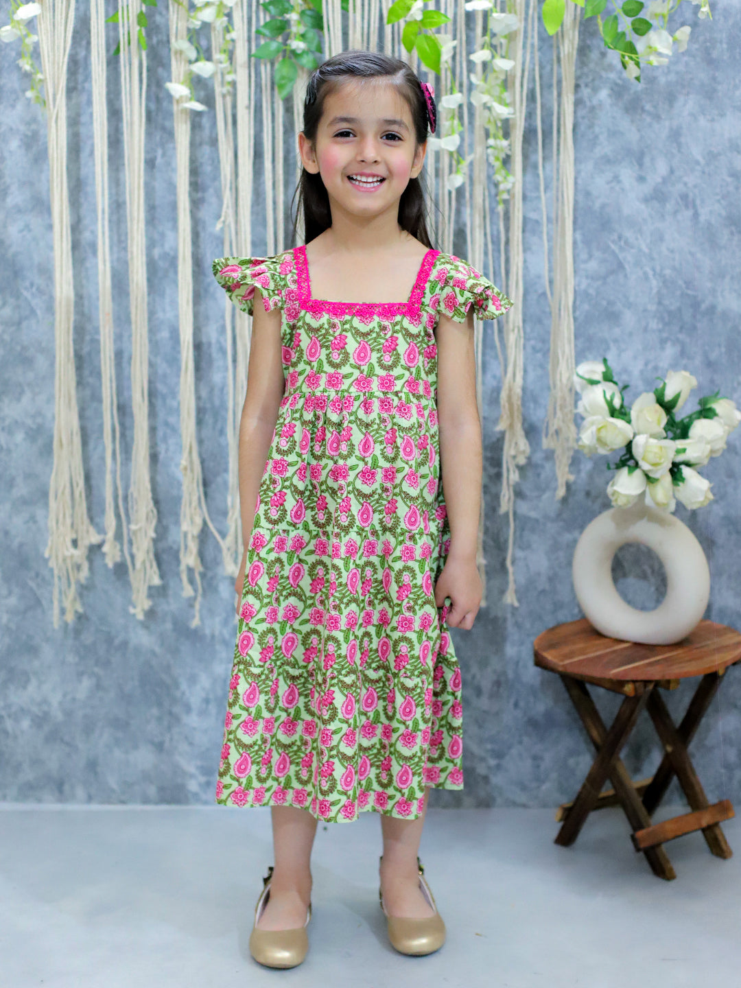 BownBee Pure Printed Cotton Tier Summer Frock for Girls - Green