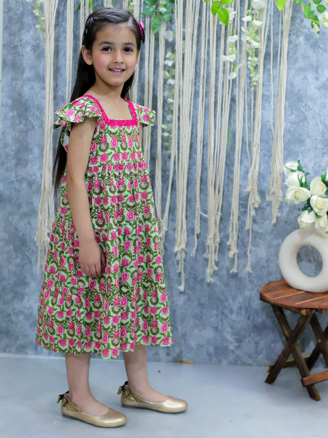 BownBee Pure Printed Cotton Tier Summer Frock for Girls - Green