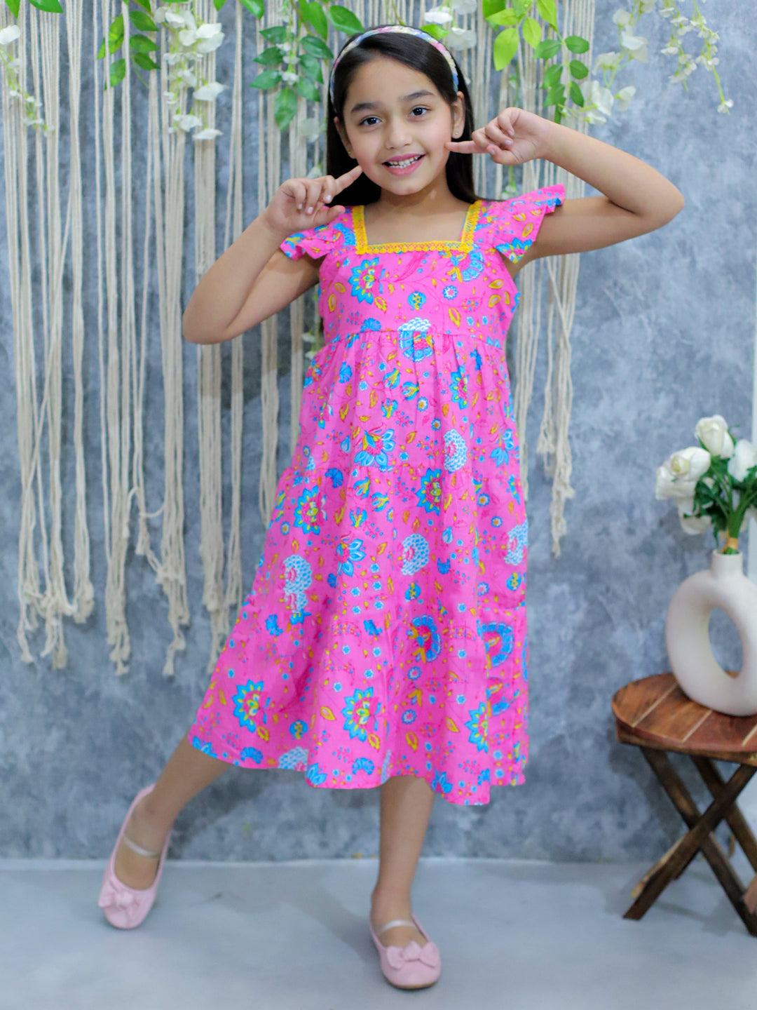 BownBee Pure Printed Cotton Tier Summer Frock for Girls - Pink