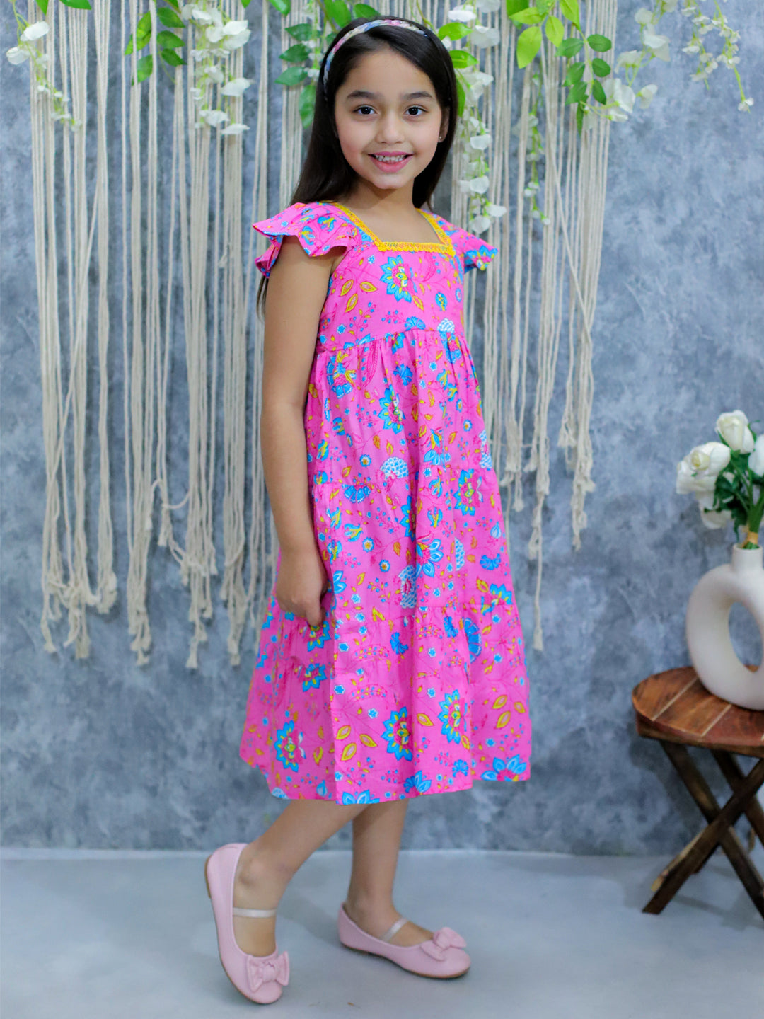 BownBee Pure Printed Cotton Tier Summer Frock for Girls - Pink