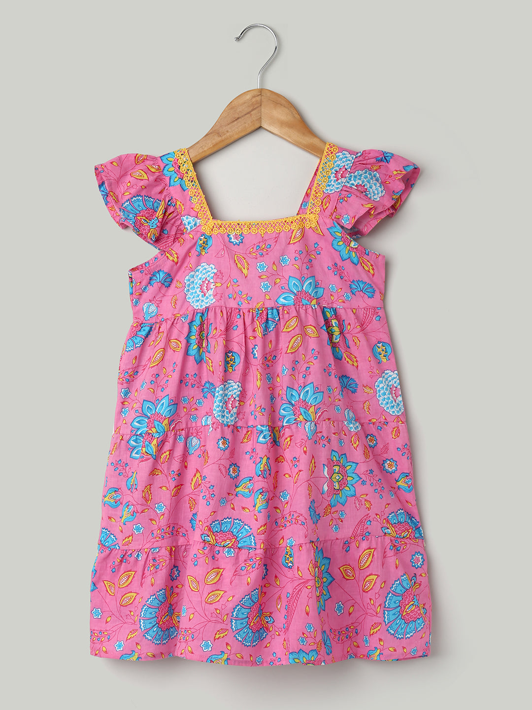 BownBee Printed Pure Cotton Summer Frock for Girls - Pink