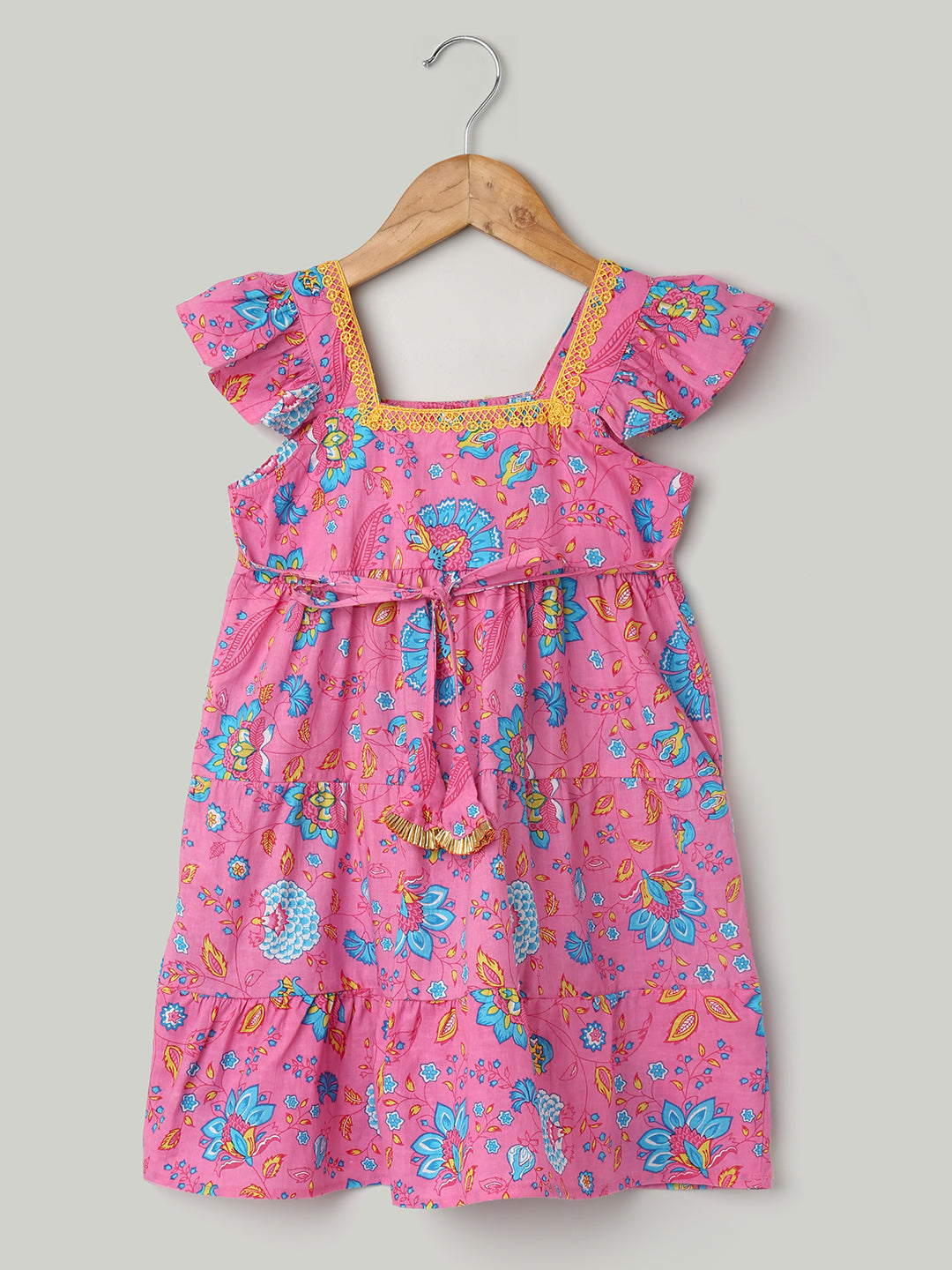 BownBee Printed Pure Cotton Summer Frock for Girls - Pink