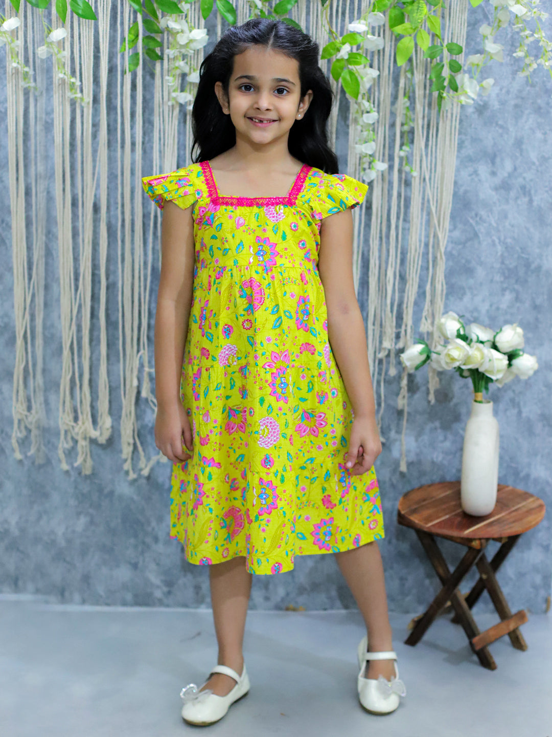 BownBee Pure Printed Cotton Tier Summer Frock for Girls - Yellow