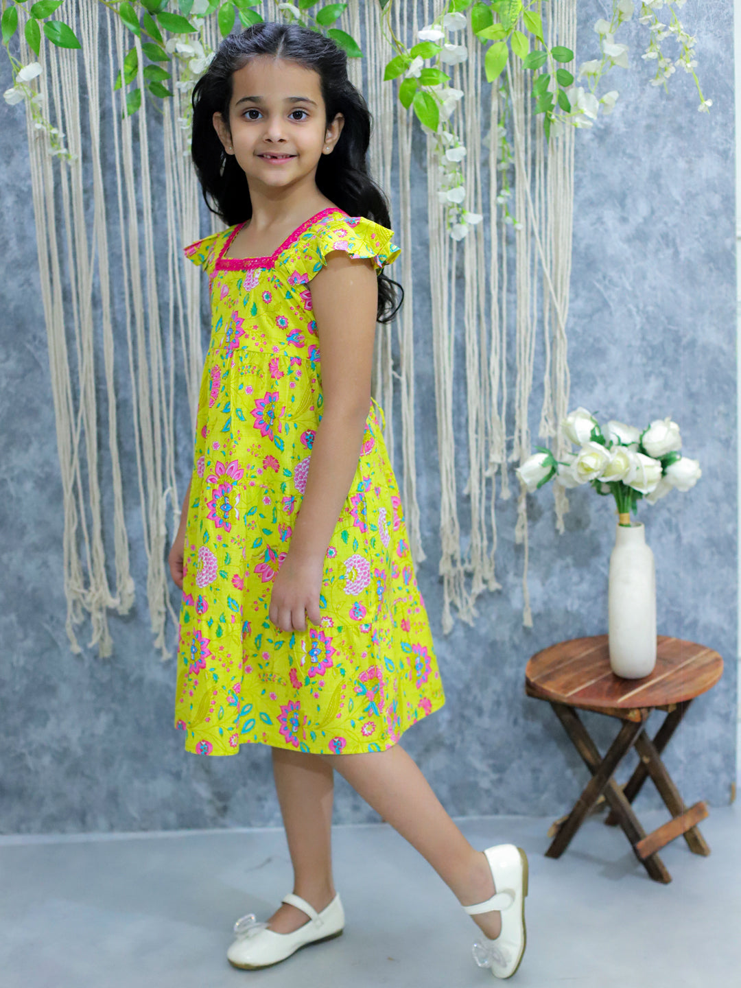 BownBee Pure Printed Cotton Tier Summer Frock for Girls - Yellow