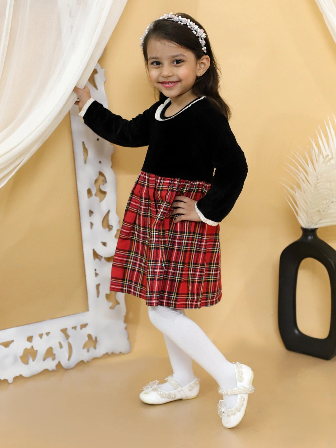 BownBee Girl Velvet Twill Full Sleeve Winter Dress