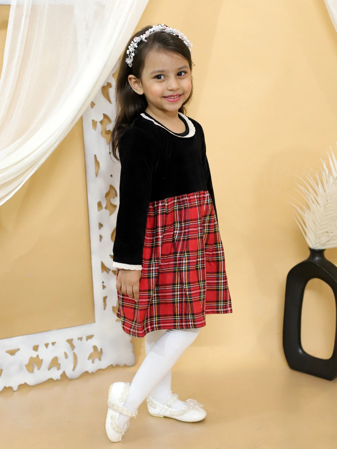 BownBee Girl Velvet Twill Full Sleeve Winter Dress
