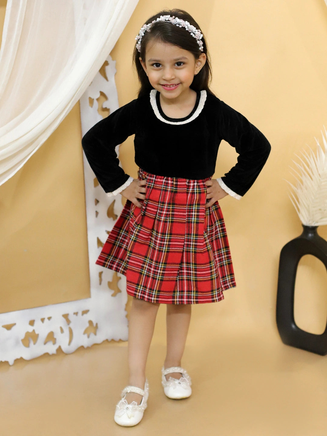BownBee Girl Velvet Twill Full Sleeve Winter Dress