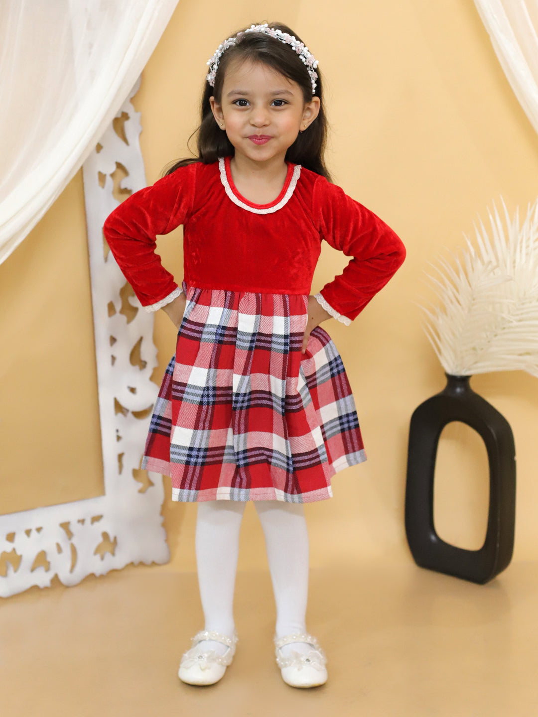 BownBee Girl Velvet Twill Full Sleeve Winter Dress -Red