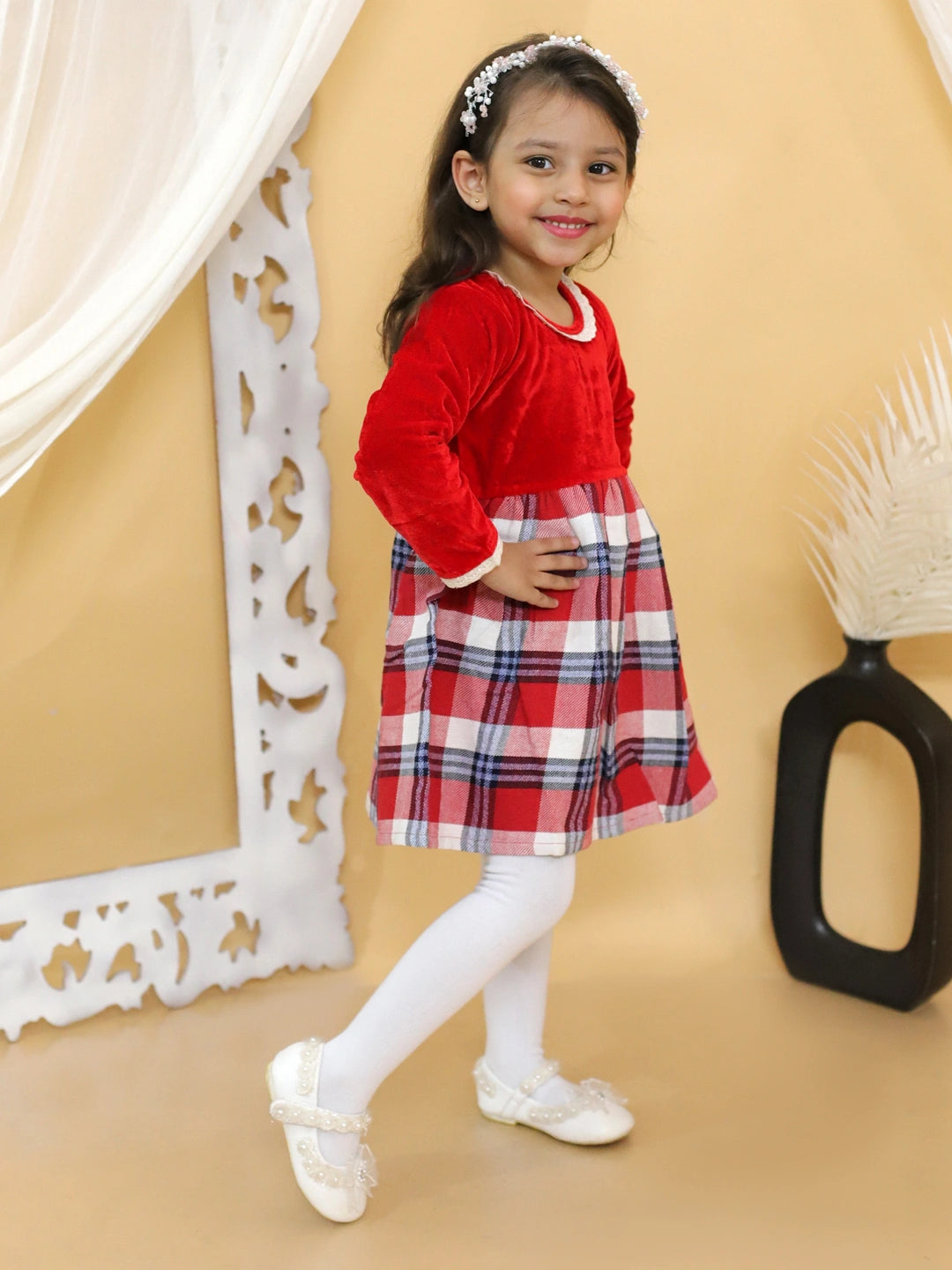 BownBee Girl Velvet Twill Full Sleeve Winter Dress