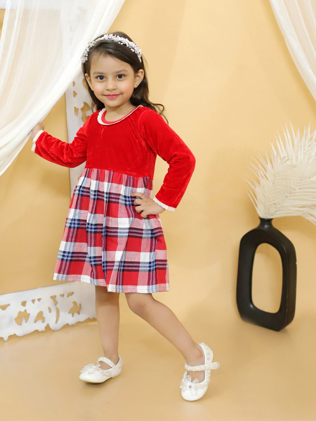 BownBee Girl Velvet Twill Full Sleeve Winter Dress