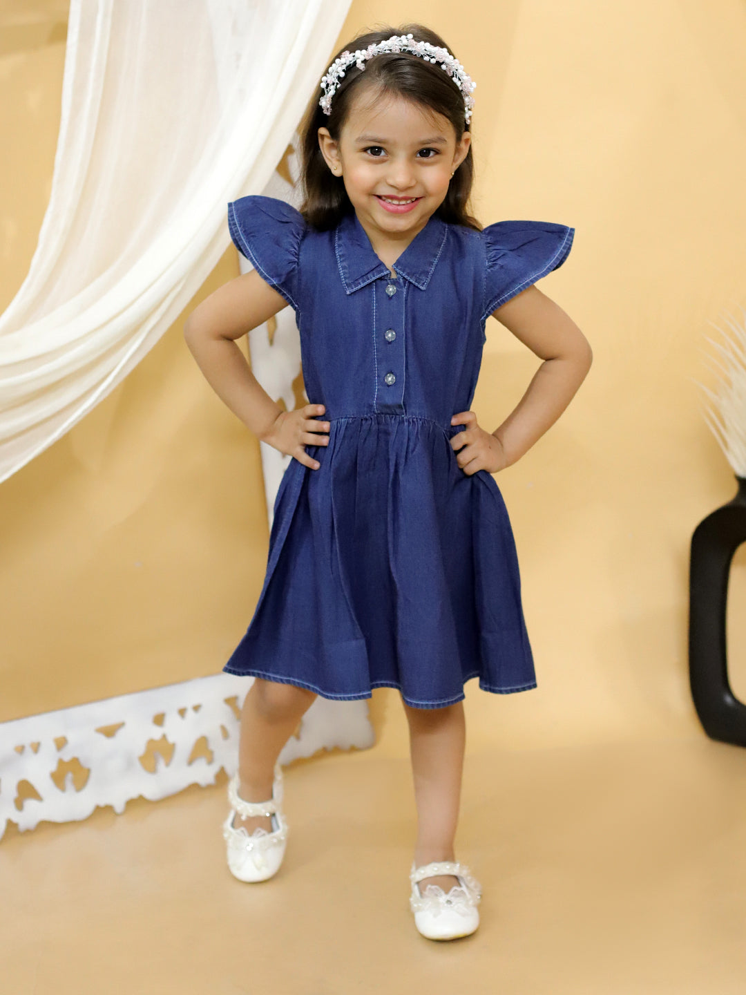 BownBee Girl Ruffle Sleeve Denim Dress-Blue