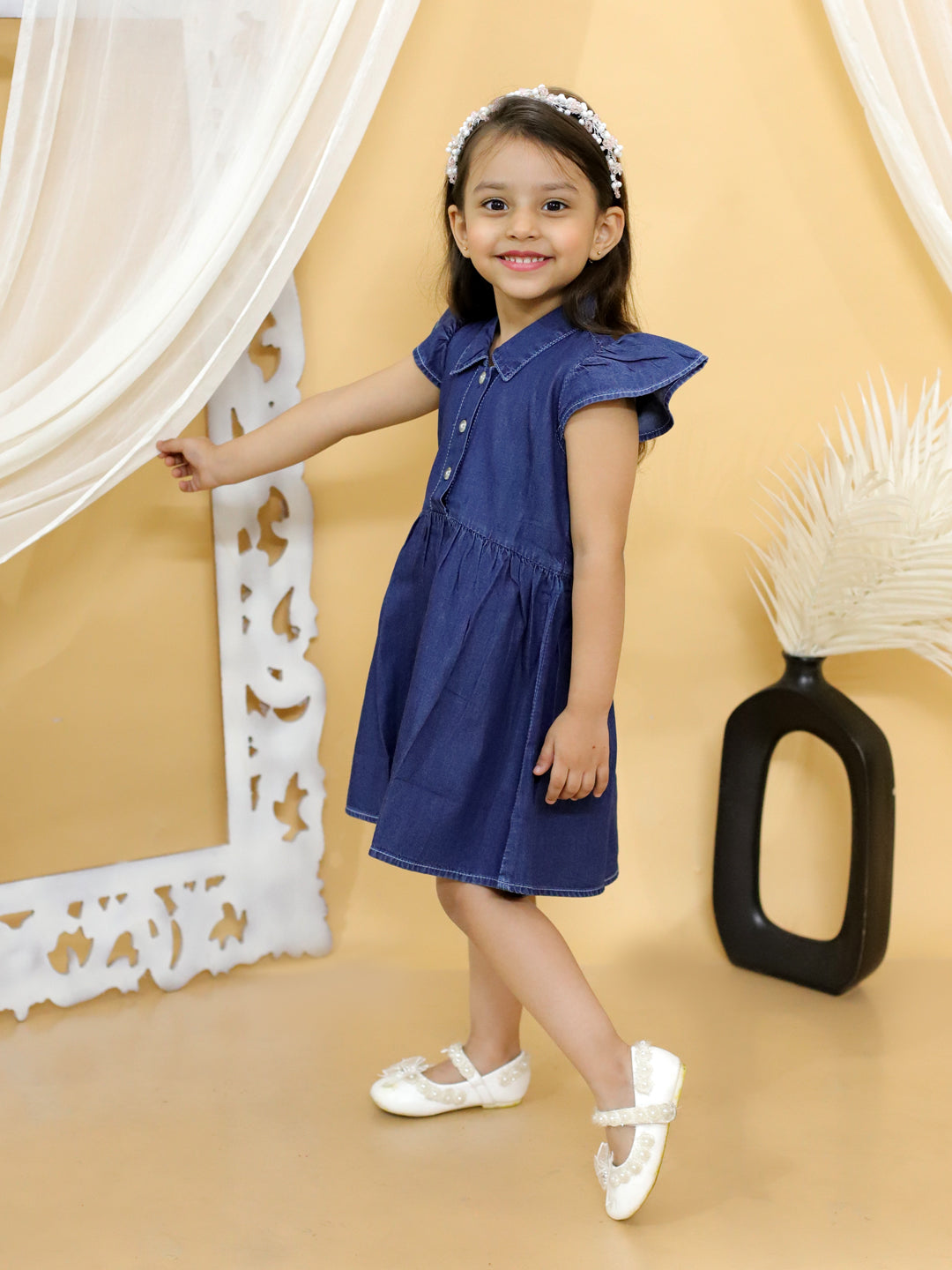 BownBee Girl Ruffle Sleeve Denim Dress-Blue