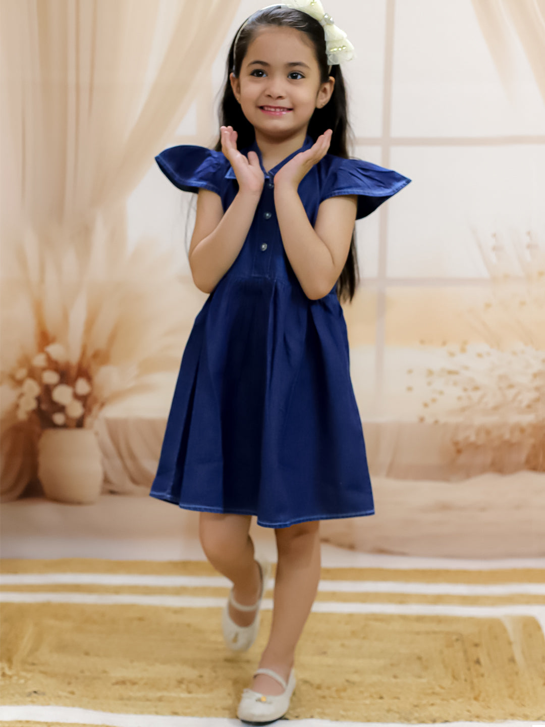 BownBee Girls Ruffle Sleeve Denim Dress For Baby -Dark Blue