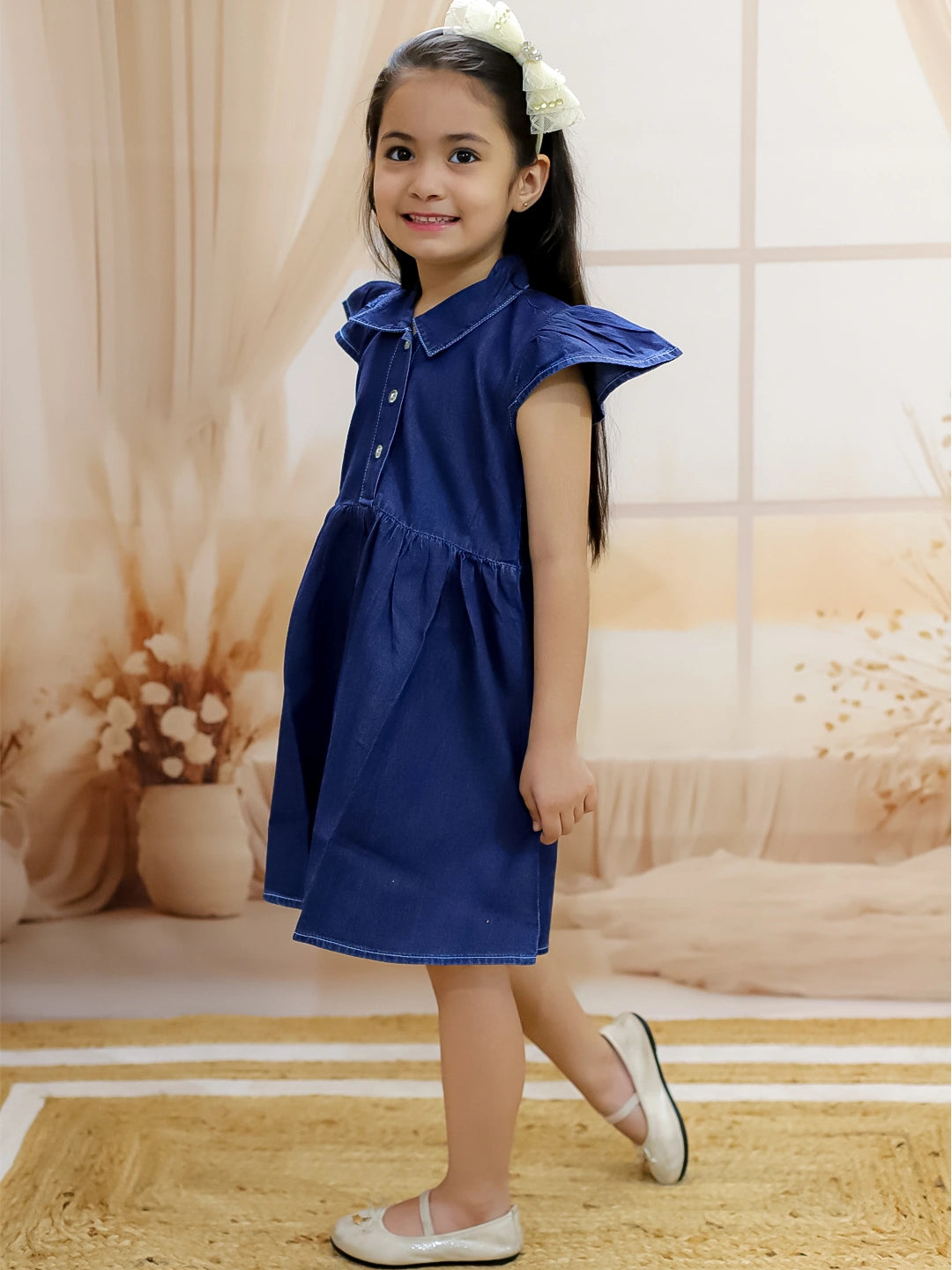 BownBee Girls Ruffle Sleeve Denim Dress For Baby