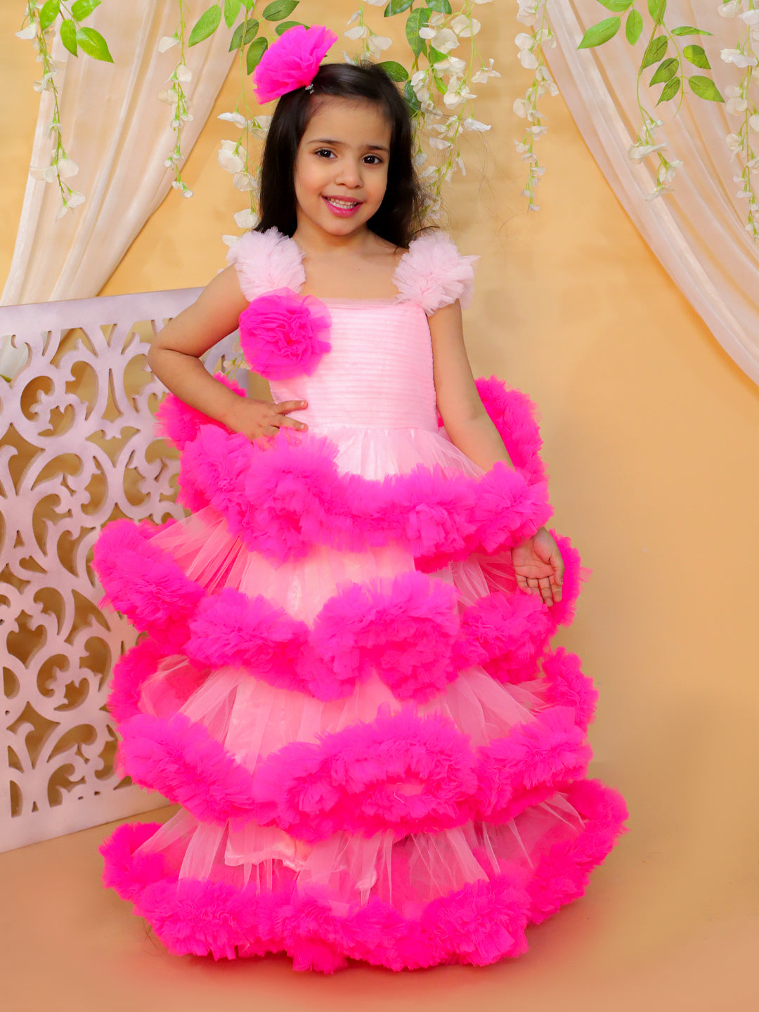 BownBee Heavy Net Layered Party Gown Dress with Hairclip for Girls- Pink