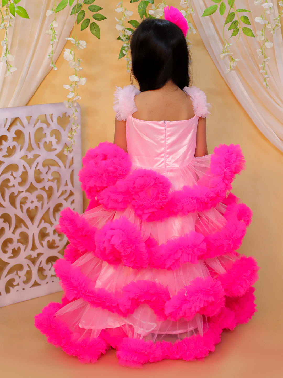 BownBee Heavy Net Layered Party Gown Dress with Hairclip for Girls- Pink
