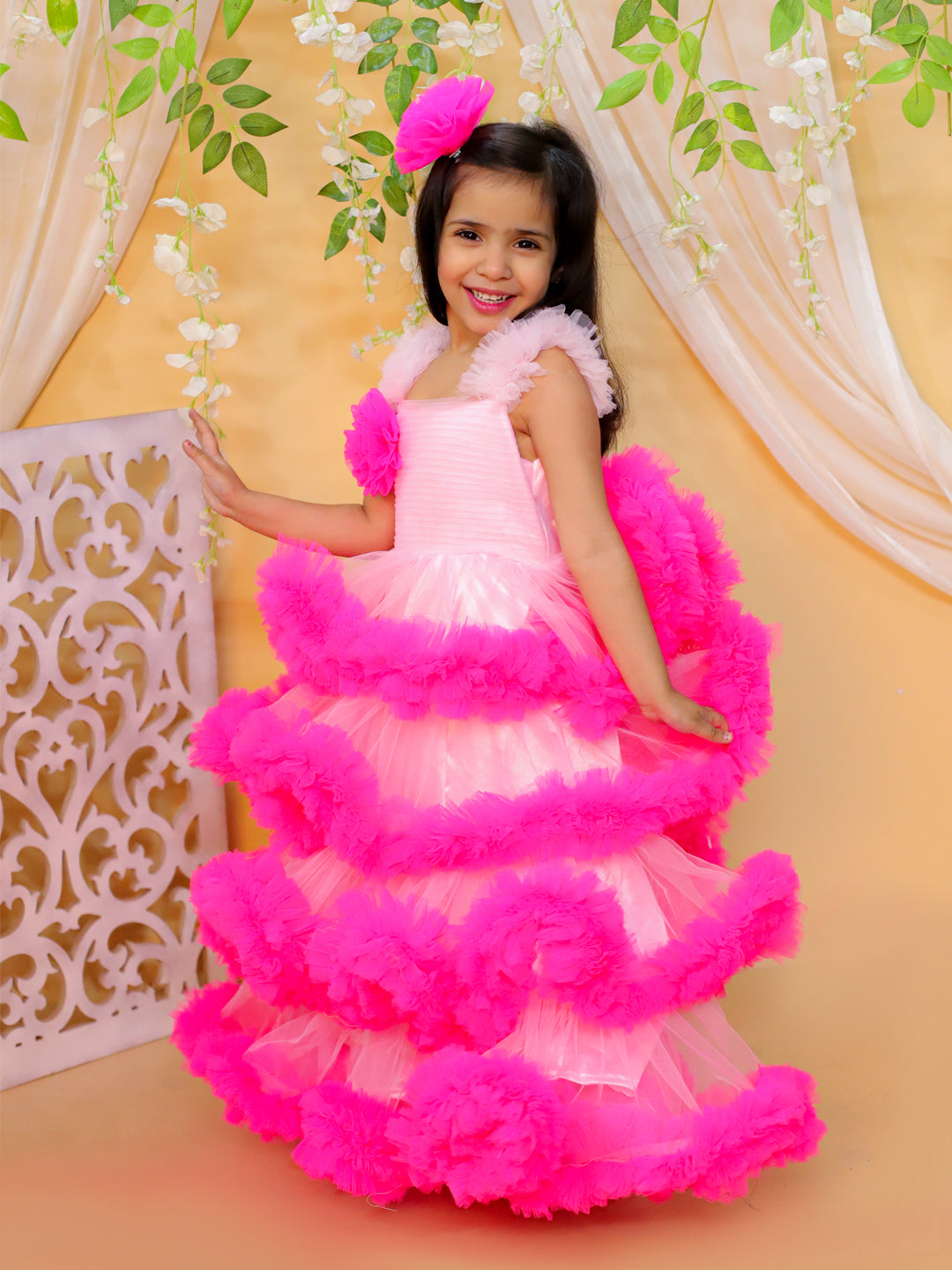 BownBee Heavy Net Layered Party Gown Dress with Hairclip for Girls- Pink