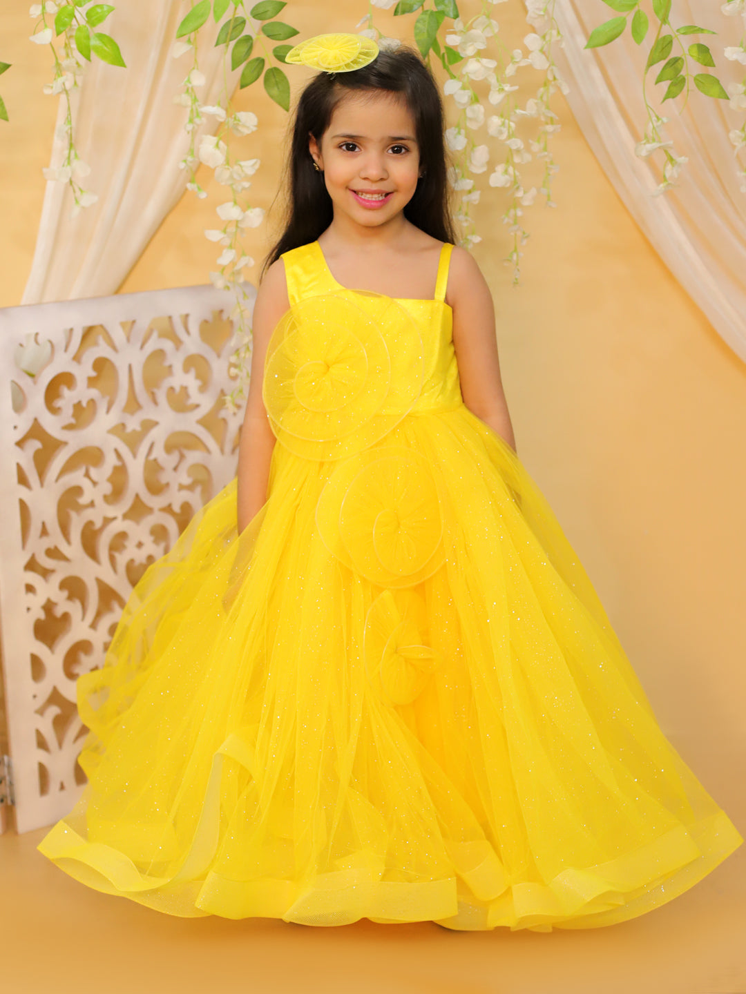 BownBee Heavy Net Party Gown Dress with Hairclip for Girls- Yellow