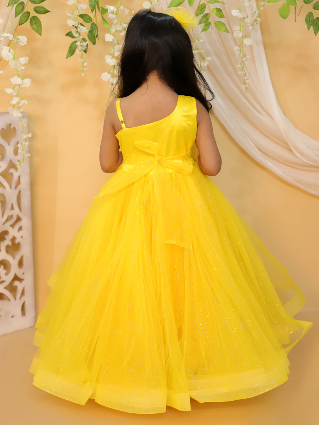 BownBee Heavy Net Party Gown Dress with Hairclip for Girls- Yellow