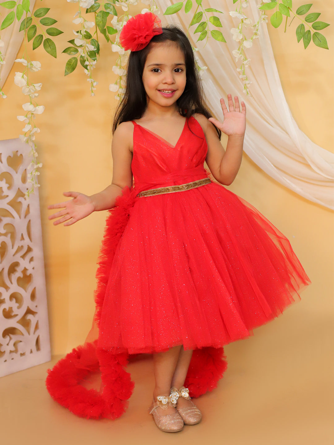 BownBee Heavy Net Party Frock Dress with Detachable Tail and Hair clip for Girls- Red