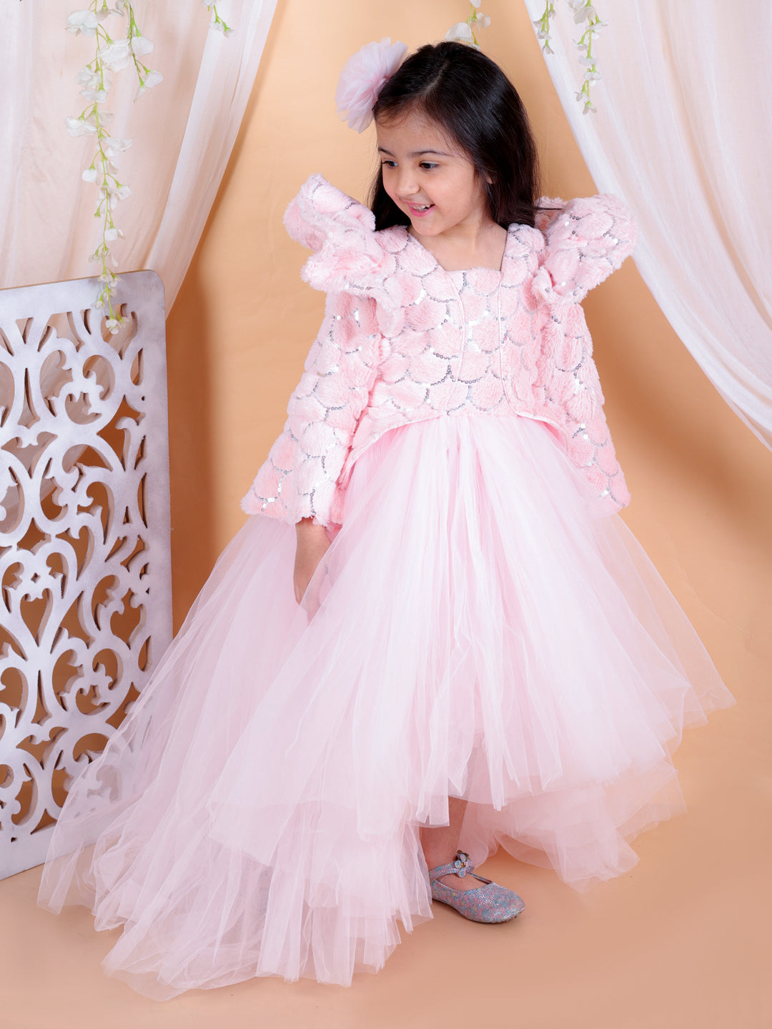 BownBee Heavy High Low Net Party Frock Dress with Hairclip for Girls- Pink