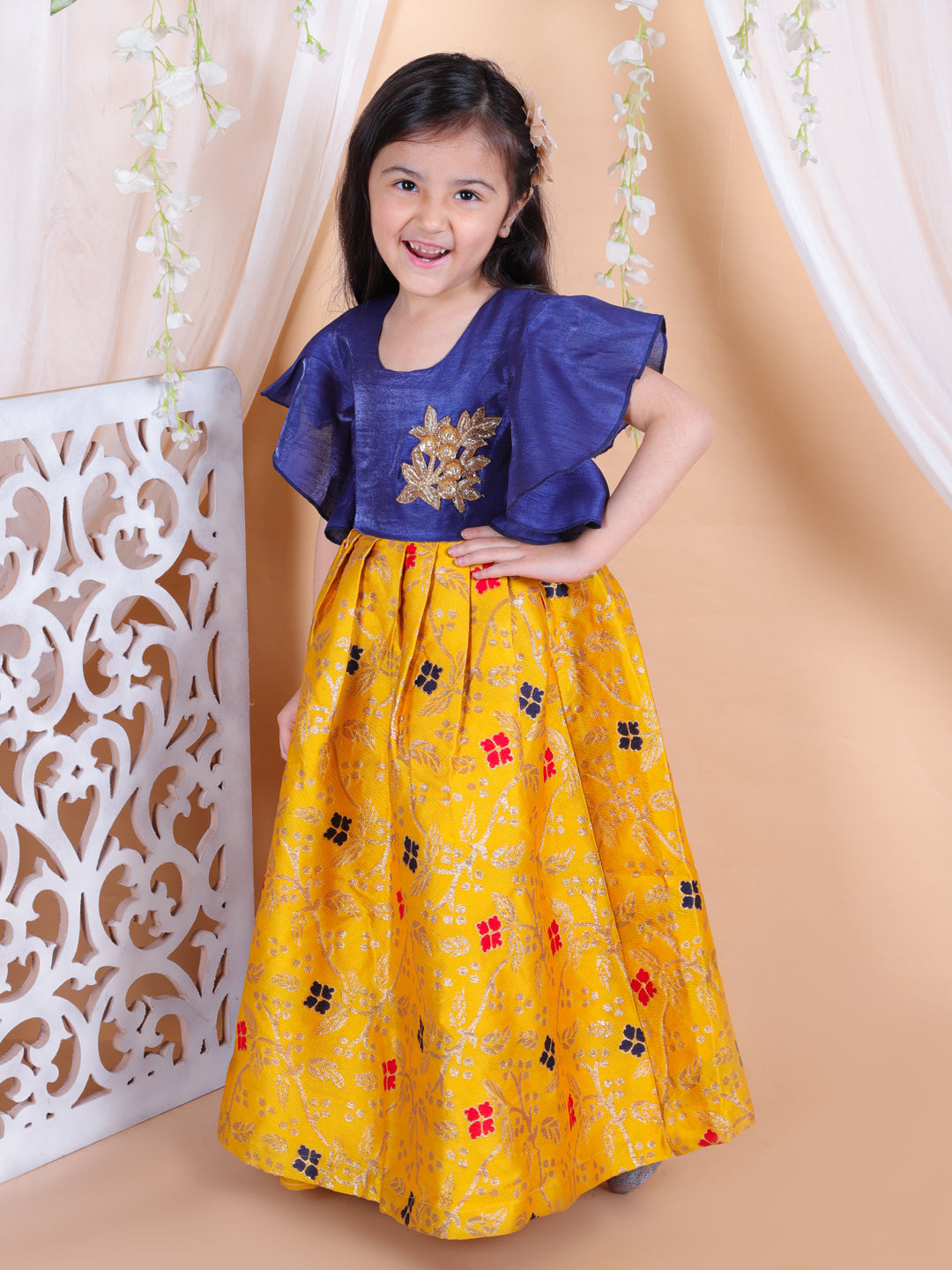 BownBee Girls Ruffle Sleeve Jacquard Party Gown Dress- Yellow