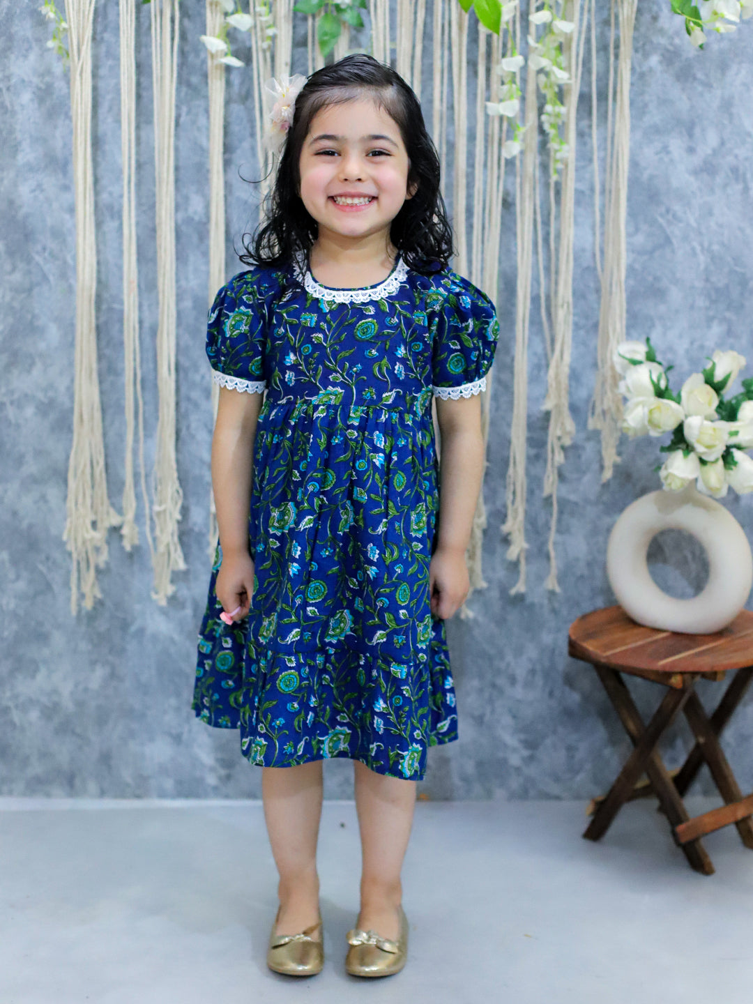 BownBee Pure Printed Cotton Puff Sleeve Summer Frock for Girls - Blue