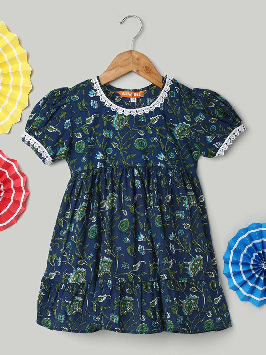 BownBee Pure Printed Cotton Puff Sleeve Summer Frock for Girls