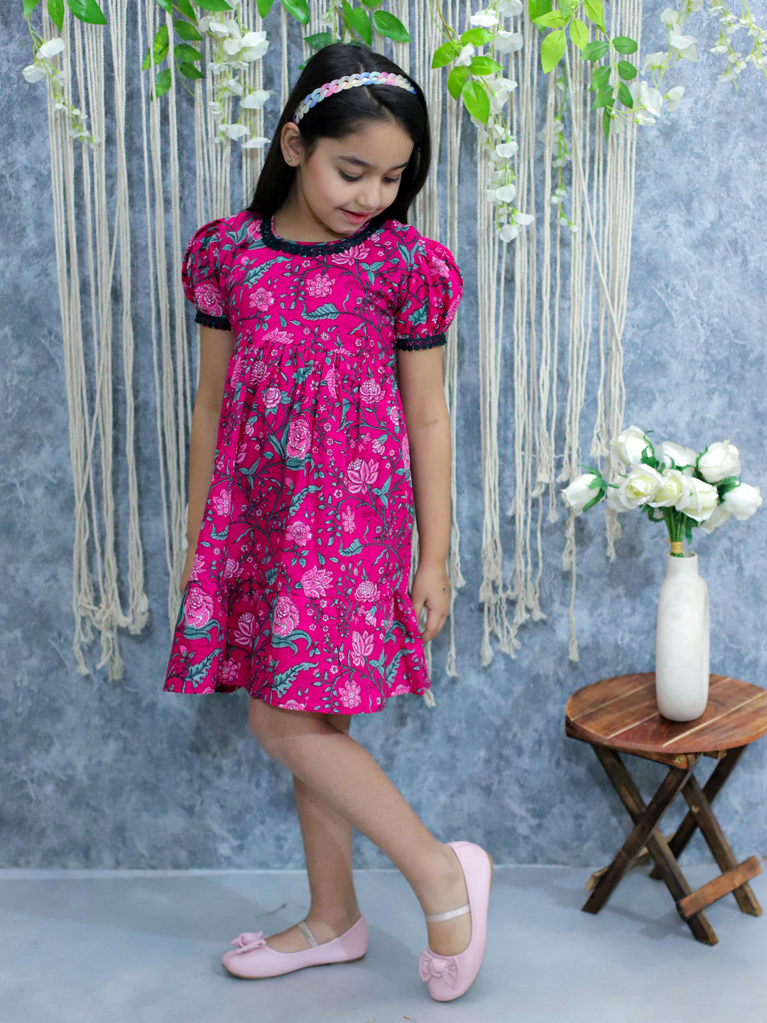 BownBee Pure Printed Cotton Puff Sleeve Summer Frock for Girls - Pink