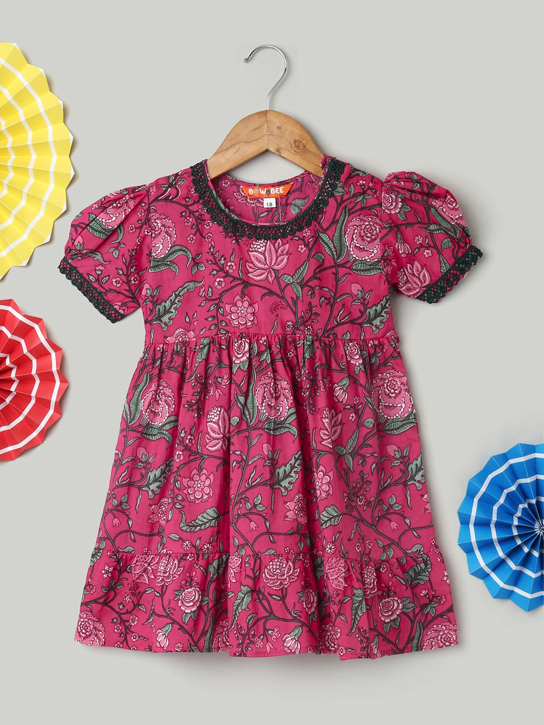 BownBee Pure Printed Cotton Puff Sleeve Summer Frock for Girls