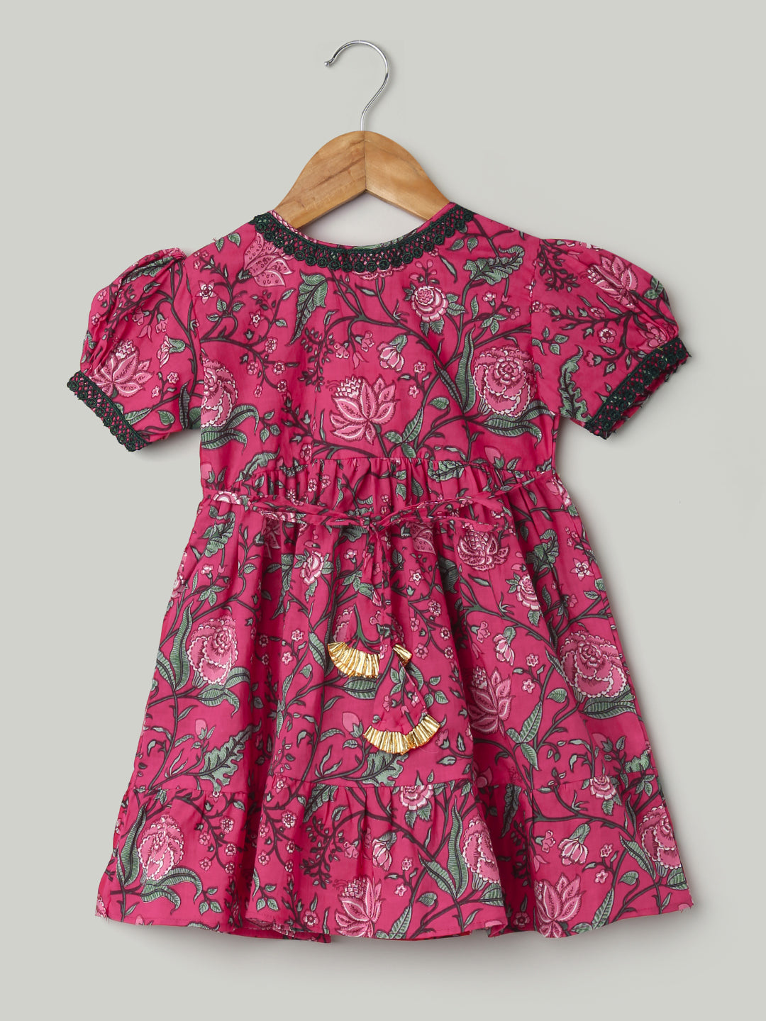 BownBee Pure Printed Cotton Puff Sleeve Summer Frock for Girls - Yellow