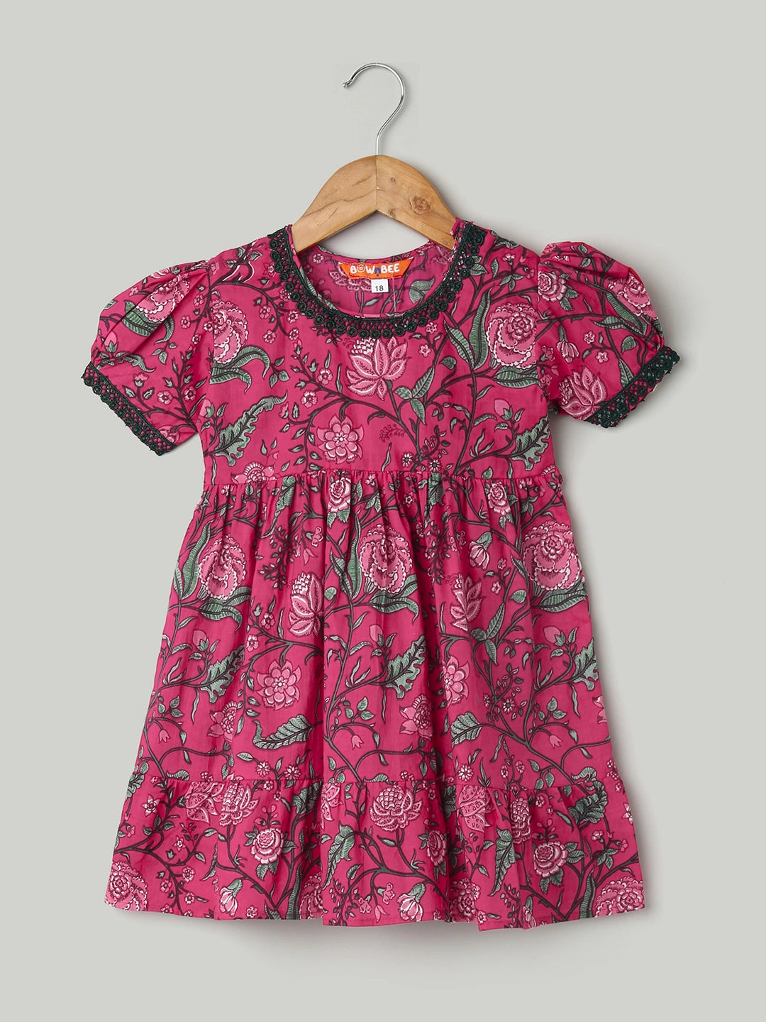BownBee Pure Printed Cotton Puff Sleeve Summer Frock for Girls