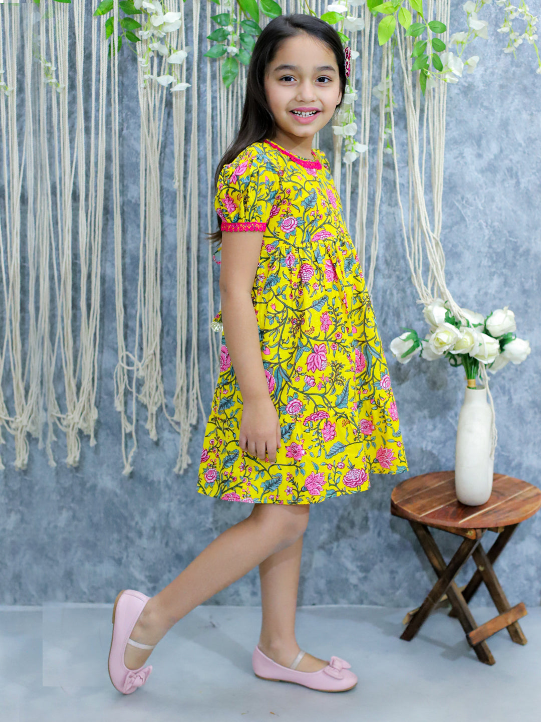 BownBee Pure Printed Cotton Puff Sleeve Summer Frock for Girls - Yellow
