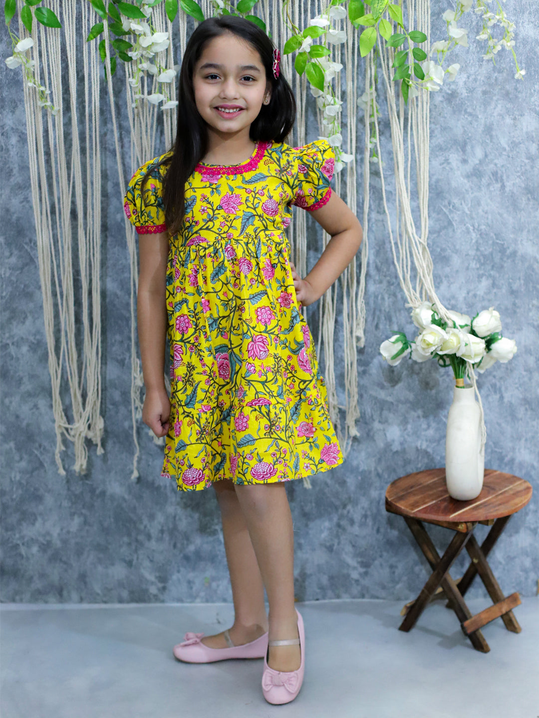 BownBee Pure Printed Cotton Puff Sleeve Summer Frock for Girls - Yellow
