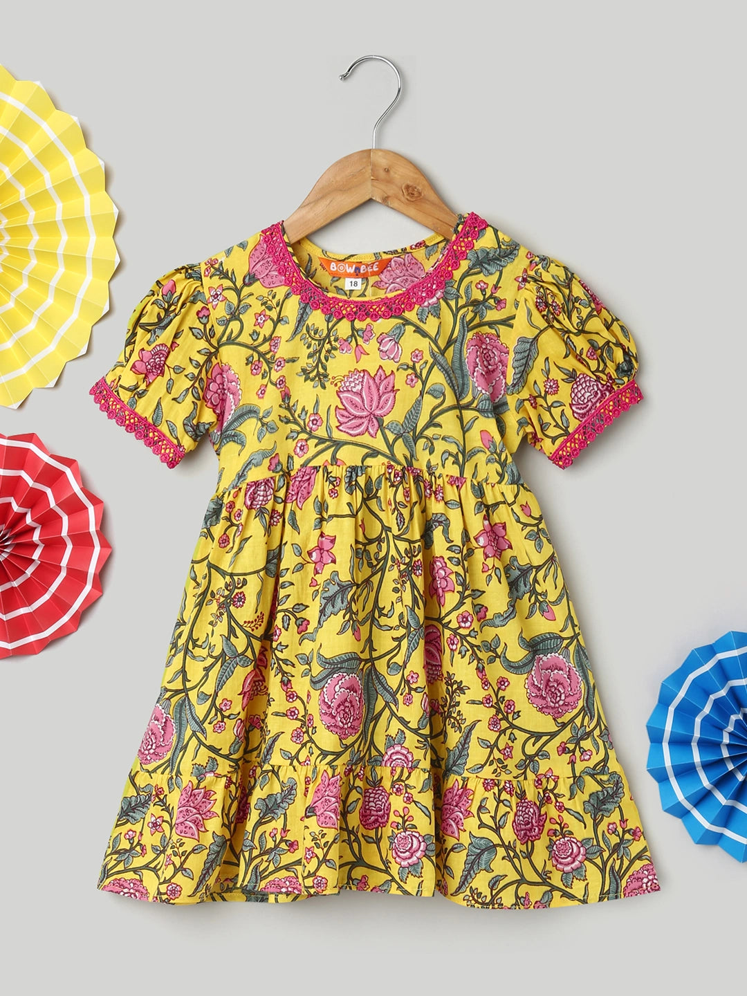 BownBee Pure Printed Cotton Puff Sleeve Summer Frock for Girls