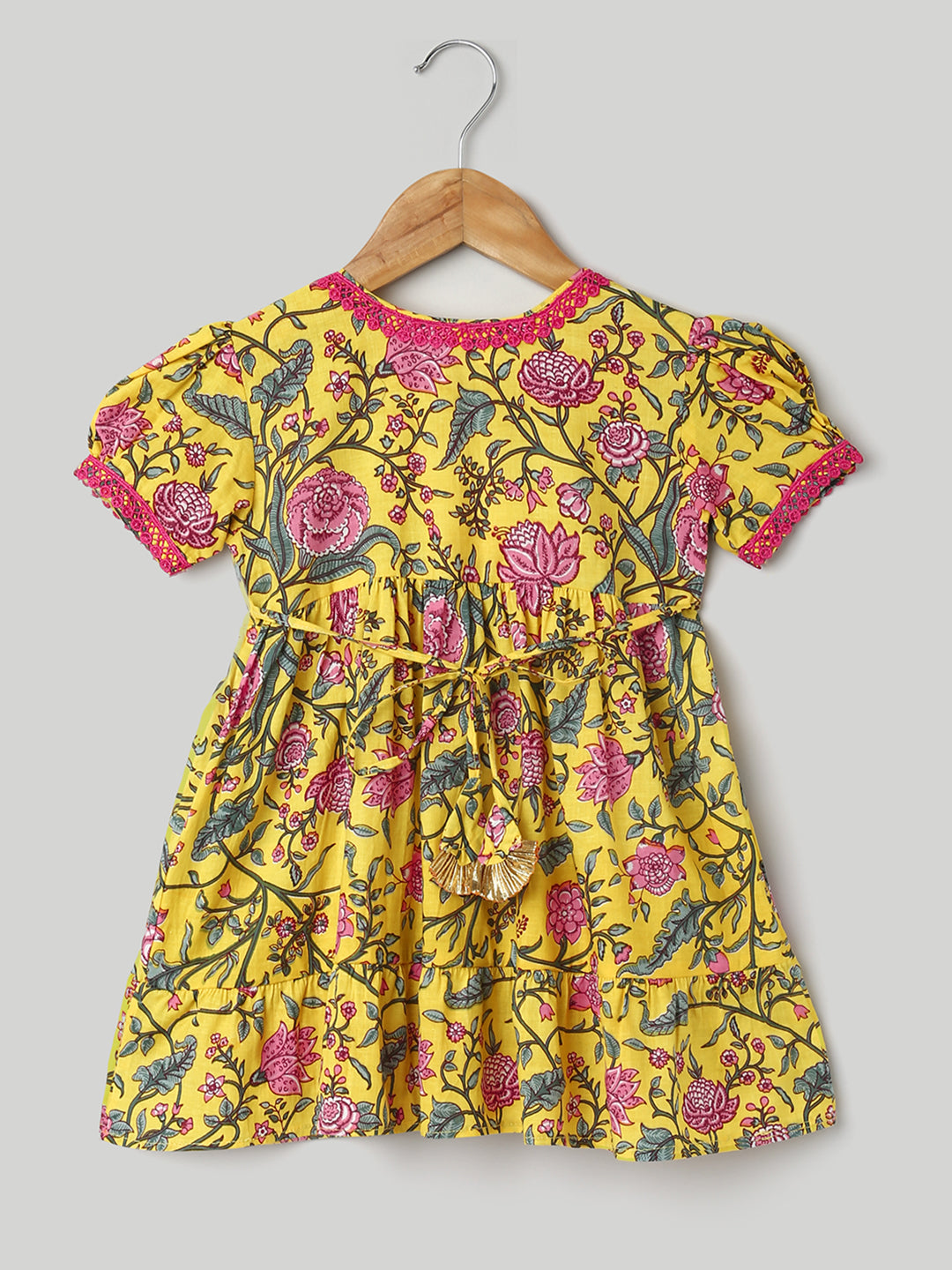 BownBee Pure Printed Cotton Puff Sleeve Summer Frock for Girls - Yellow
