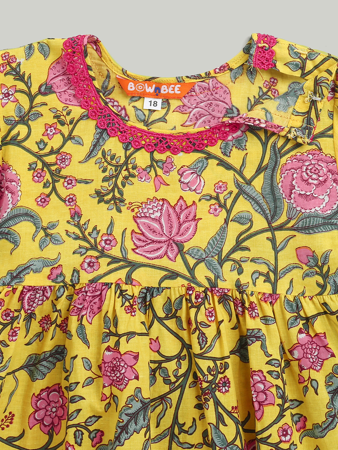 BownBee Pure Printed Cotton Puff Sleeve Summer Frock for Girls - Yellow