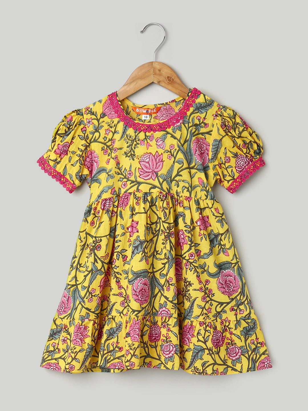BownBee Pure Printed Cotton Puff Sleeve Summer Frock for Girls