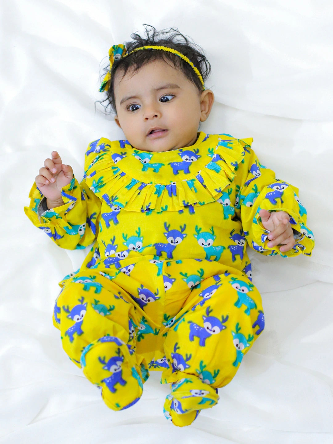 BownBee New Born Clothes and Infant Baby Dress Pure Cotton Top Harem with Headband and Booties for Girls-Yellow